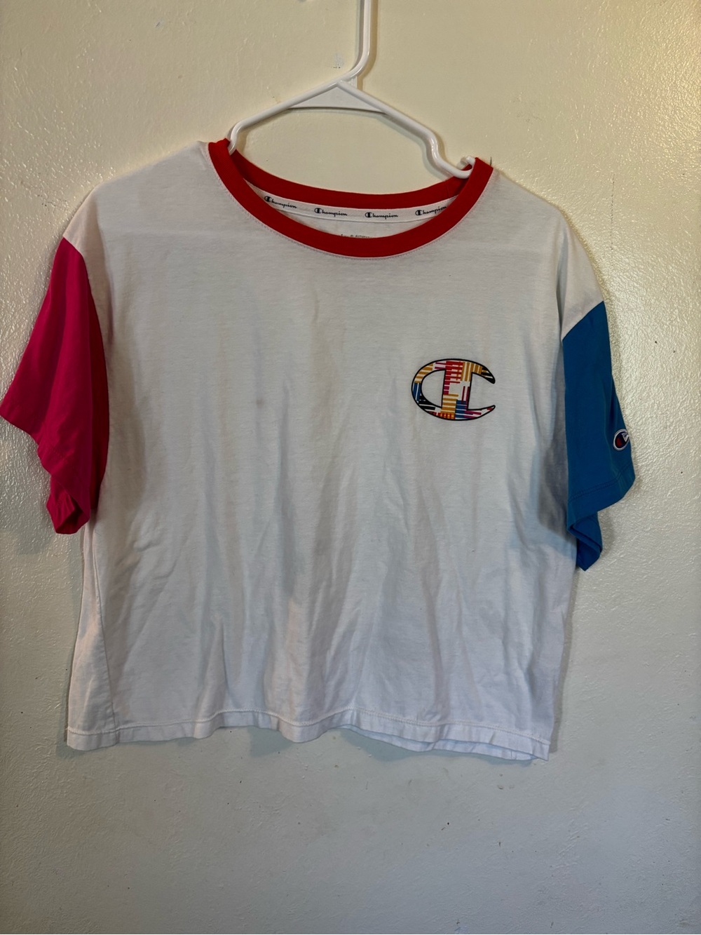 Champion Kids White Colorblock Tee with Pink & Blue Sleeves